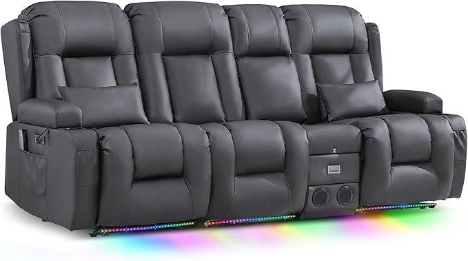 TUNYI Wall Hugger Loveseat Recliner Sofa with Console, Power Reclining Loveseat RV Couch with Massage & Heat/USB/Outlet/Storage/LED Light/Speaker (Light Grey, 3 Seat with Console)
