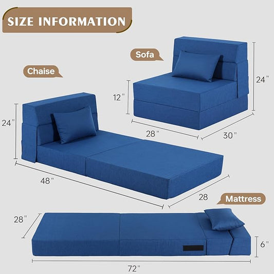 Fvkind Folding Sofa Bed, Foldable Sleeper Chair with Pillow, Convertible Fold Out Chair Bed with Washable Cover, Foldable Mattress for Living Room, Bedroom, Guest Room, Single Size, Blue