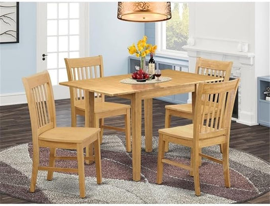 East West Furniture NDNO5-OAK-W 5 Piece Modern Dining Table Set Includes a Rectangle Wooden Table with Dropleaf and 4 Dining Chairs, 30x48 Inch, Oak
