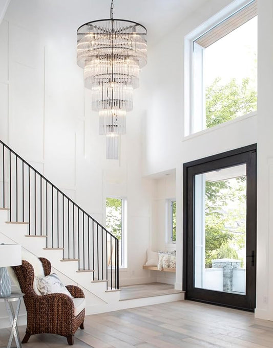 Large Black Chandeliers for High Ceilings H49 5-Tier Glass Chandelier Light Fixture for Foyer Dining Room Extra Long Modern Tiered Chandelier for Living Room Entranc Stairway Villa