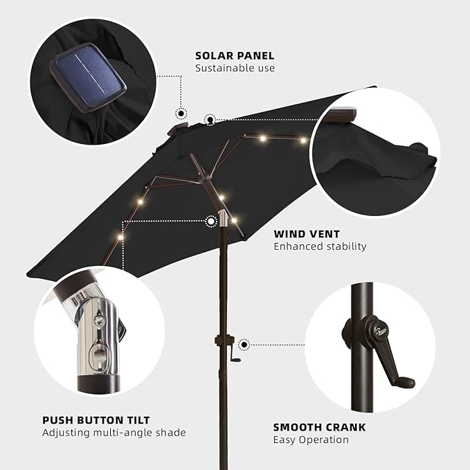 wikiwiki 7.5ft Outdoor Patio Table Umbrella, Sturdy Solar Led Market Umbrella for Deck, Pool, Garden w/Tilt, Crank, 18 LED Lights - Carbon Grey
