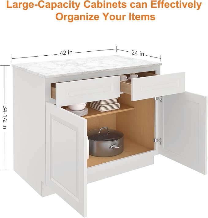 LOVMOR Kitchen Base Cabinets, Sideboard Storage Cabinet, Entryway Cabinet with 2-Drawers & Adjustable Shelf, 42" W X 24" D X 34-1/2"H (Light Gray)