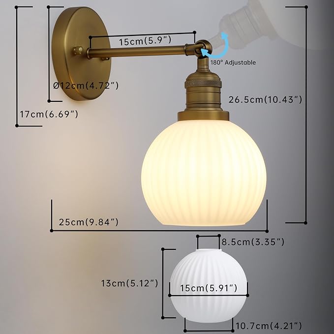 Vintage Wall Sconce 1-Light with Milk White Glass Globe Shade, Hardwired Modern Indoor Wall Mounted Lamp Fixture for Farmhouse Living Room Bedroom Bathroom