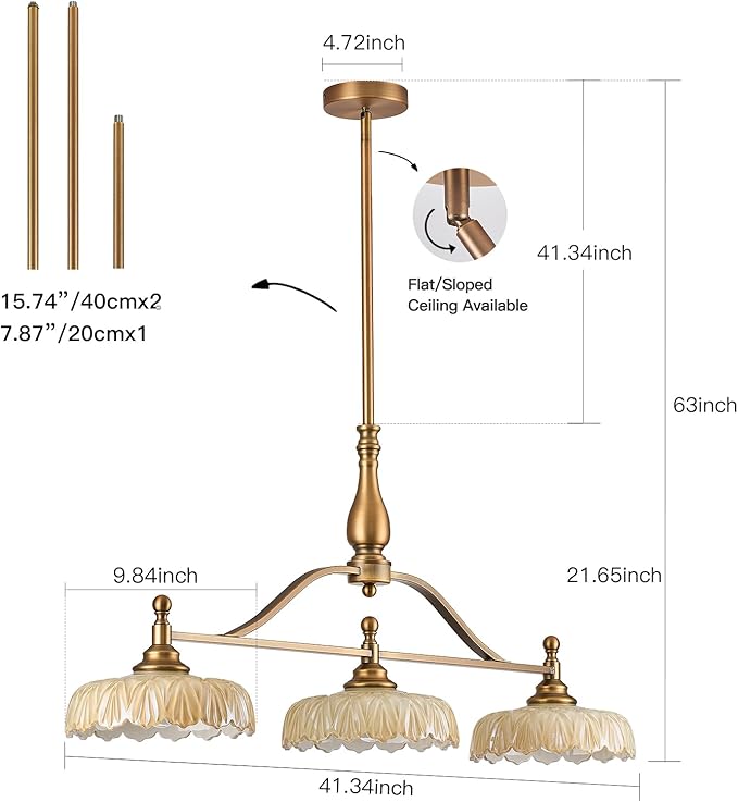 HDDFL Chandeliers Pendant Light Fixture Vintage Pendant Lighting Fixtures 3 Lights Chandelier Kitchen Glass Hanging Lamp for Island Dining Living Room Brass and Brown