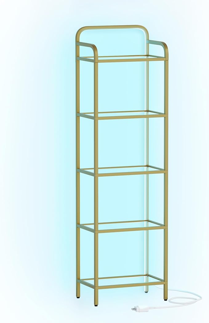 Bookshelf, Tall Narrow Bookcase with LED Lights, Tempered Glass Bookshelves with Steel Frame, Display Shelf, Slim Shelving Unit for Living Room, Bedroom, 9.6"D x 15.4"W x 55.9"H Gold BC34599G