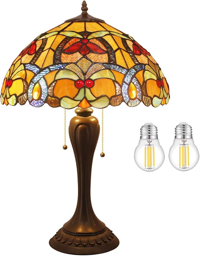 WERFACTORY Tiffany Table Lamp Orange Stained Glass Bedside Lamp 16X16X24 Inches Desk Reading Light Resin Base Decor Bedroom Living Room Home Office S617 Series