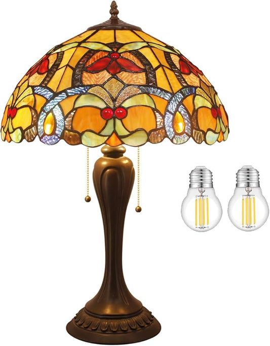 WERFACTORY Tiffany Table Lamp Orange Stained Glass Bedside Lamp 16X16X24 Inches Desk Reading Light Resin Base Decor Bedroom Living Room Home Office S617 Series