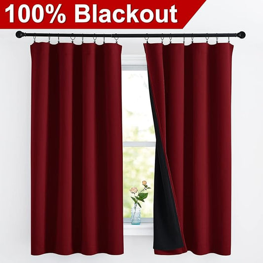 NICETOWN 100% Blackout Curtain Panels, Thermal Insulated Black Liner Curtains for Kitchen, Noise Reducing & Cold Blocking Drapes for Windows (Set of 2, Burgundy Red, 52 inches Wide by 63 inches Long)