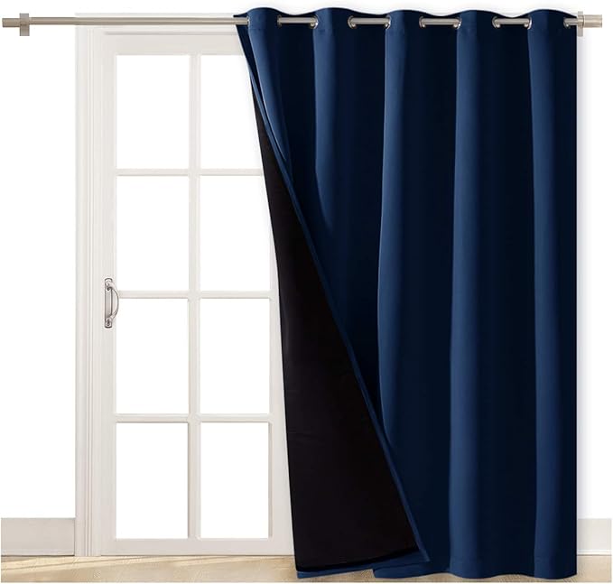 NICETOWN 100% Blackout Cold Blocking Patio Sliding Door Curtain, Wide Lined Drape, Keep Warm Drapery, Sliding Glass Door Panel for Night Shift（Navy Blue, 1 Panel, 70 inches Wide x 84 inches Long