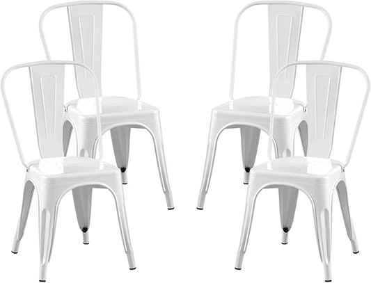 AC Pacific Stackable Metal Dining Chairs Set of 4 for Indoor and Outdoor Use, Durable Stacking Seat, Farmhouse Kitchen, Bar, Patio, Bistro, Cafe, Industrial Style, High Gloss White