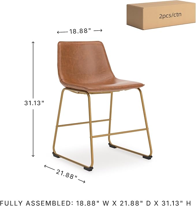 Signature Design by Ashley Lexadine Industrial Faux Leather Upholstered 30" Bar Height Dining Chair, Set of 2, Light Brown & Gold