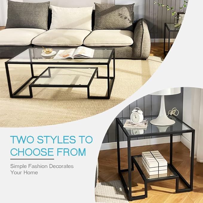 Black Metal Glass Coffee Table - Simple Center Coffee Table for Living Room Home, Metal Frame Coffee Table with 2 Shelves,Modern Table for Bedroom, Dinning Room,Office Decor | Living Room, Home, Modern Table, Bedroom, Dinning Room