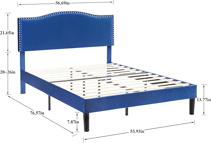 VECELO Full Bed Frame, Platform Bed Frame with Adjustable Height Upholstered Headboard, Heavy-Duty Frame and Strong Wooden Slats Support, Non-Slip and Noise-Free, Easy Assembly, Dark Blue