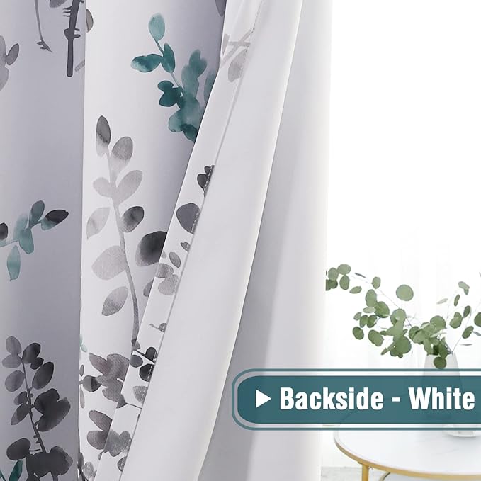 H.VERSAILTEX Room Darkening Curtains 63 Inches Long 2 Panels Floral Curtains and Drapes for Bedroom Light Blocking Thermal Insulated Grommet Window Curtains for Living Room, 2 Panels, Grey and Teal