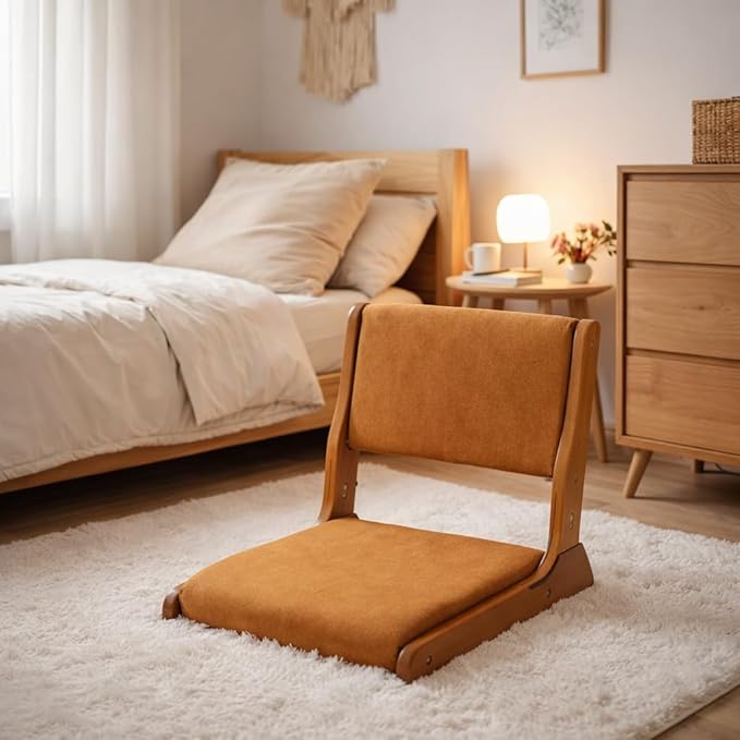 HollyHOME Foldable Japanese Style Floor Chair with Back Support, Tatami Chair with Cushion, Meditation Seat for Bay Window, Living Room, Bedroom, Pumpkin Color