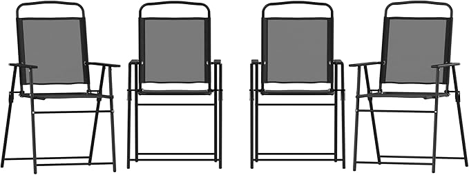 Flash Furniture Mystic Folding Patio Sling Chairs, Outdoor Textilene Lawn Chairs with Armrests, Set of 4, Black