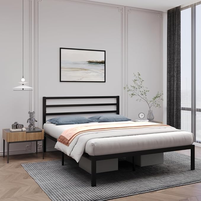 Golden Gate Beds Metal Platform Bed Frame with Antique Victorian Wrought Iron-Art Headboard and Footboard (Black, Full, Modern)