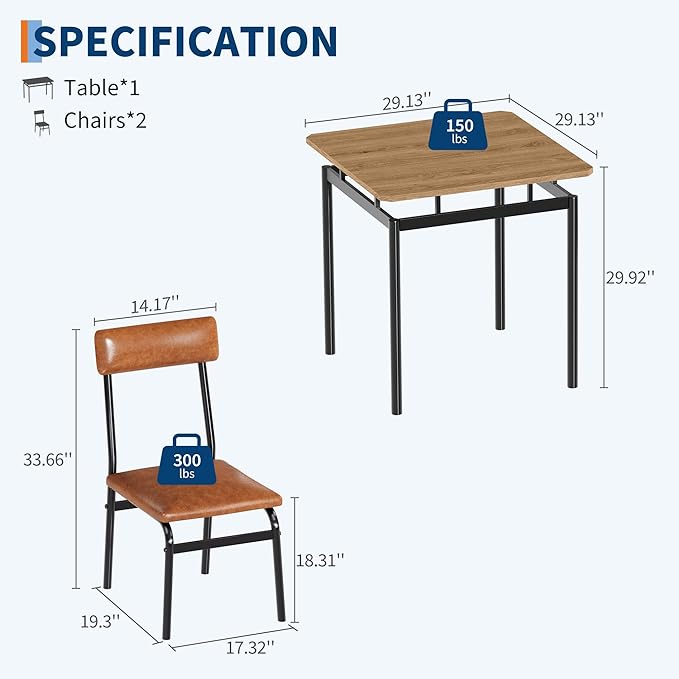 Garvee 3 Piece Dining Table Set, Kitchen Table Set for 2 with 2 PU Upholstered Chair, Industrial Metal Frame Dinette Set for Small Space, Dining Room, Apartment, Studio, Brown