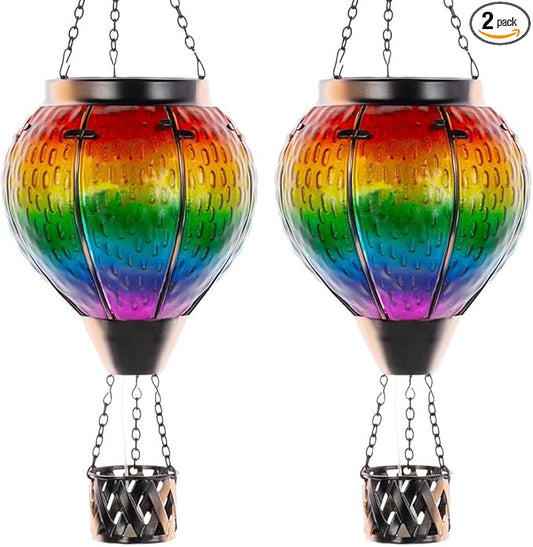 DREAMSOUL 2 PCS Solar Hot Air Balloon Lantern with Flame, Glass Hanging Solar Lanterns Outdoor Waterproof for Lawn Patio Porch Decor