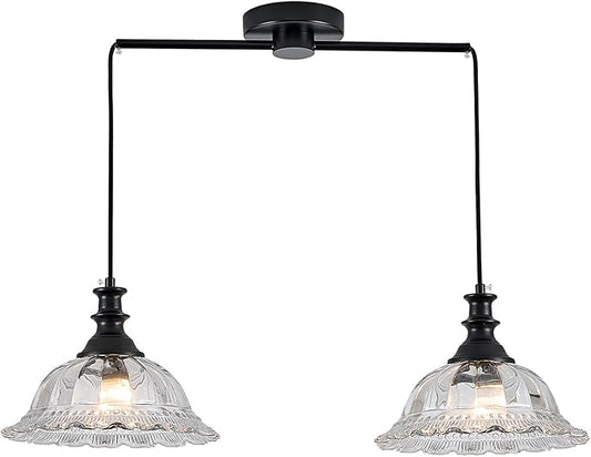 HDDFL 2 Light Pendant Light Fixtures Modern Glass Hanging Lights with Adjustable Cord for Kitchen Island Dining Room Living Room Hallway Black Metal