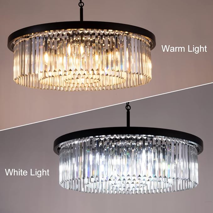 Wellmet Crystal Chandeliers for Dining Room,9 Lights Modern Black Crystal Pendant Light,Farmhouse Chandelier for Bedroom,Ceiling Lighting Fixture for Kitchen Island,Living Room,Hallway,W-33.46”