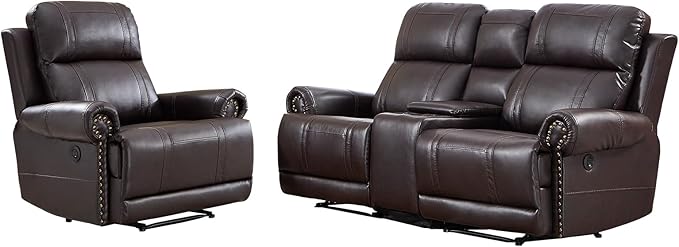 EBELLO Faux Leather Electric Reclining Sofa Set, Power Recliner Three Seats Sofa Set, a Chair and a Loveseat Sofa with USB and Type-C Charging Ports, Vintage Rivet Design for Small Living Room, Brown