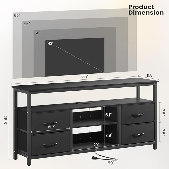 Haewon TV Stand for Televisions up to 65 Inches, Entertainment Center with LED Lights and Charging Station, TV Media Console Table with 4 Fabric Drawers and Open Shelf for Living Room, Black