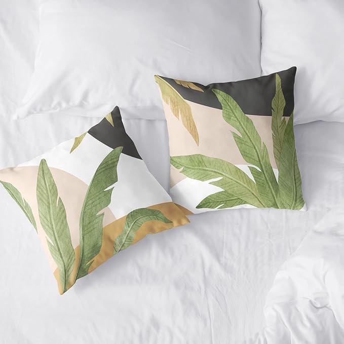 Green Leaves Spring Summer Throw Pillow Covers Geometric Palm Tree Pillow Covers 18x18 Set of 2 Modern Home Decor Room Tropical Outdoor Decorative Pillowcase for Sofa Bed Couch
