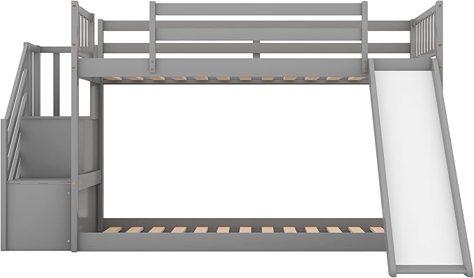 Twin Over Twin Bunk Bed with Slide and for Storage Staircase for Teens, Boys or Girls, No Box Sping Needed