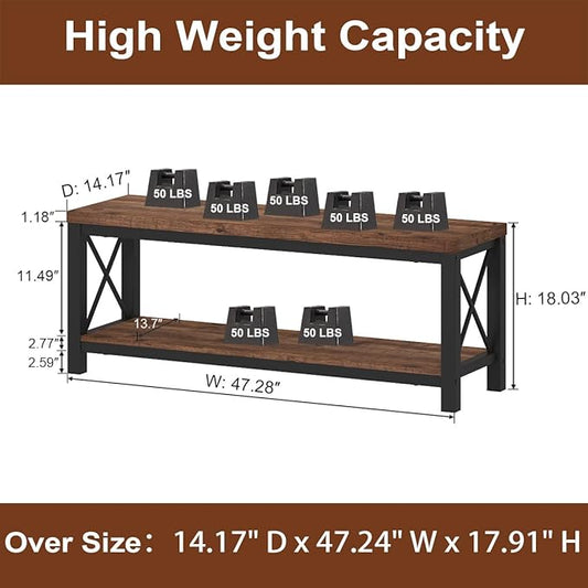 BON AUGURE Entryway Bench with Storage, 2 Tier Wood Metal Shoe Bench, Storage Benches for Bedroom, Entrance, Hallway, Mudroom, Indoor (47 inch Wide, Rustic Oak)