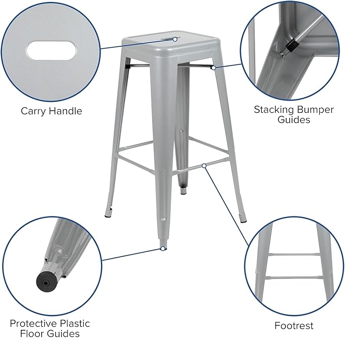 Flash Furniture Lily 30" High Metal Indoor Bar Stool in Silver - Stackable Set of 4