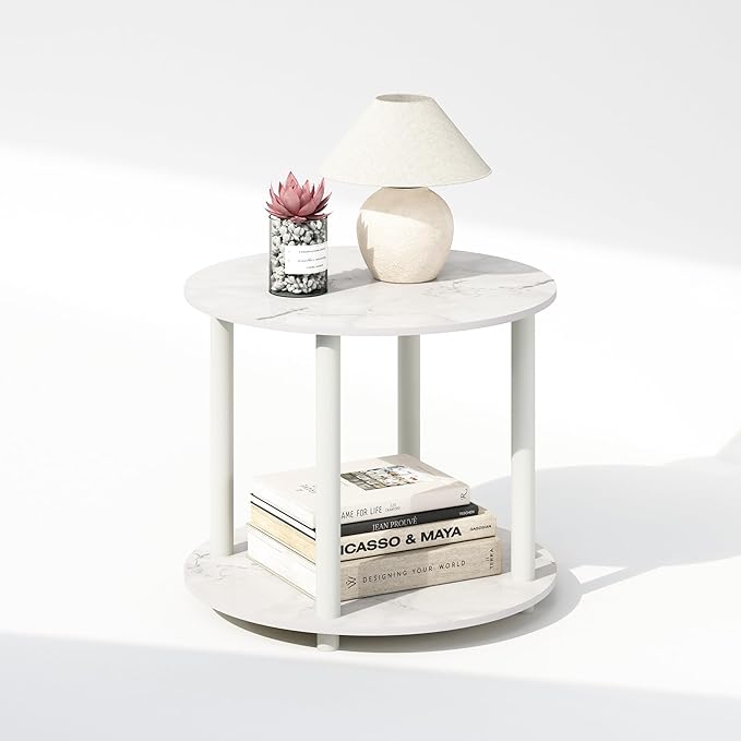 Furinno Turn-N-Tube Side Table, 2-Tier Round End Table with Open Shelf, Night Stand, Bedside Table, Toolless Assembly, for Living Room, Bedroom, Marble White