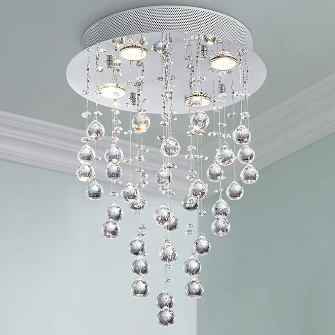 Bestier Modern Crystal Round Raindrop Chandelier Lighting Flush Mount LED Ceiling Light Fixture Pendant Lamp for Dining Room Bathroom Bedroom Livingroom 4 GU10 Bulbs Required 14 in Wide 20 inch High