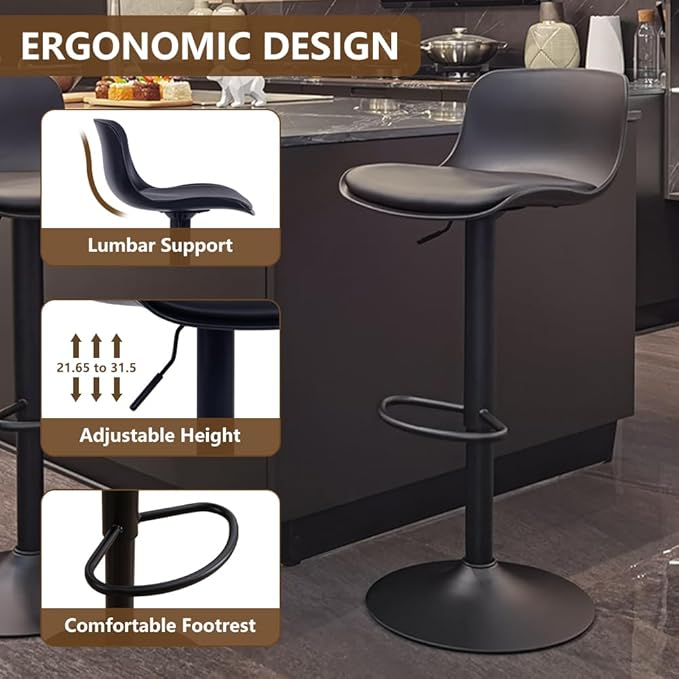 Kidol & Shellder Bar Stools Set of 2 Black Adjustable Swivel Barstools Modern PU Leather Upholstered Counter Height Stools,Armless with Back Bar Chairs for Kitchen Island