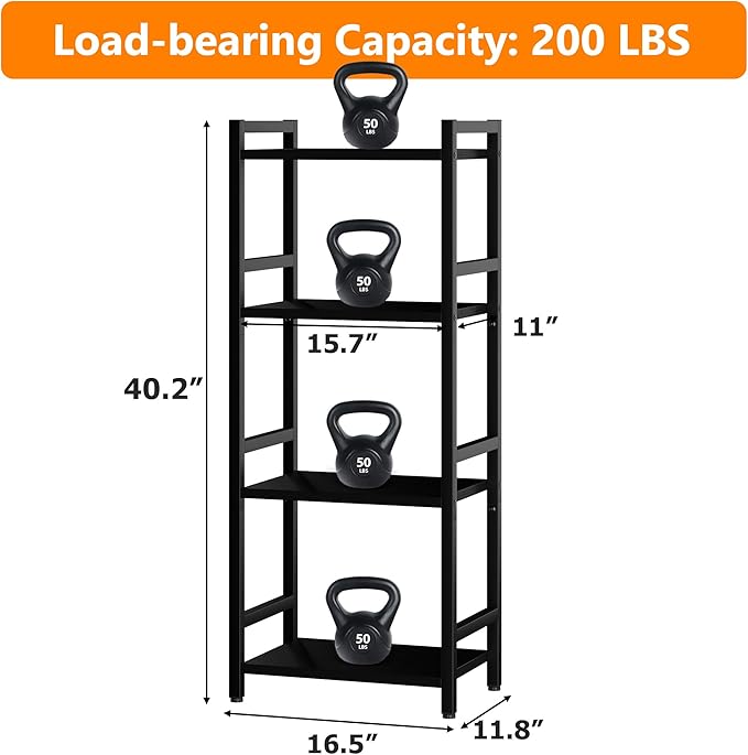 Book Shelf, 4 Tier Bookcase with Steel Frame, Stable Bookshelf Narrow Book Shelves Storage Organizer for Book CD Movie, Open Book Shelves for Living Room, Home Office, Study, Black