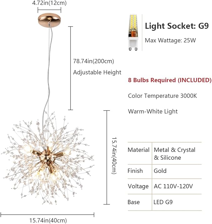 Firework Crystal Chandeliers, 8-Light Gold Dandelion Chandelier Lighting, 15.7" Stainless Steel Small Sputnik Chandelier Lights for Kitchen Island Bedroom