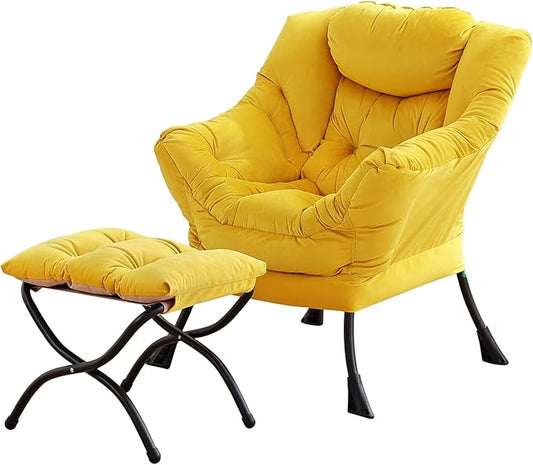 Lazy Chair with Ottoman, Large Accent Yellow Velvet Chair with Side Pocket, Modern Leisure Upholstered Sofa Reading Armchair with Footrest for Office, Bedroom, Living Room, Dorm Rooms, Balcony