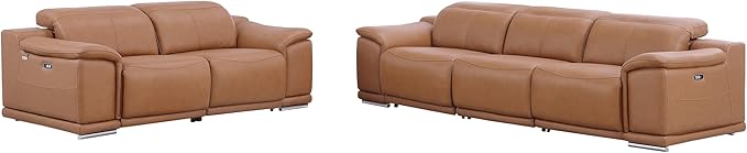 Blackjack Furniture Venice Top Grain Italian Leather Recliner 5 Seater 4 Power Reclining Seater 2 Piece Sofa Set with Adjustable Headrests Modern Seating Sofa and Loveseat for Living Room , Cognac