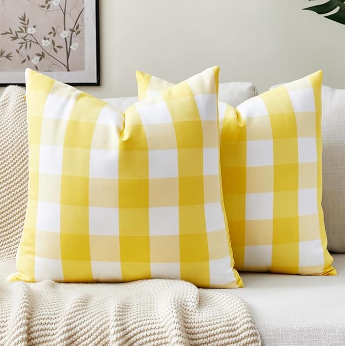 Yellow and White Summer Outdoor Buffalo Plaid Pillow Covers 18x18 Set of 2, Yellow Outdoor Decorative Patio Throw Pillows 18 x 18, Buffalo Check Pillow Covers for Patio Furniture (No Pillow Inserts)
