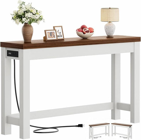 Cyclysio 47" Console Tables for Entryway, Narrow Console Tables for Living Room, Behind Couch Table, Sturdy Wood Support Hallway Table with 3AC+2USB Charging‌ Station, Rustic Oak