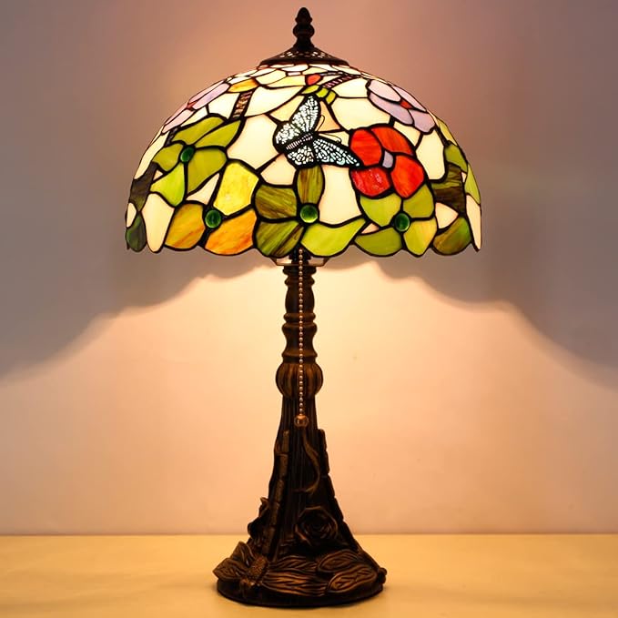 Tiffany Table Lamp Stained Glass Lamp 12X12X19 Inch Antique Reading Light (Butterfly Flowers)