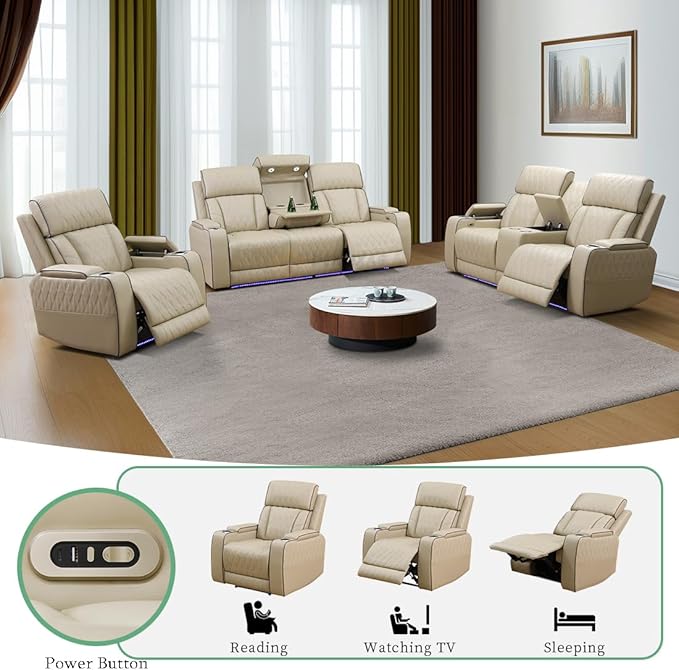 Living Room Furniture Sets, Beige Breathing Leather Power Reclining Chair, Sectional Recliner Sofa Set, Reclining Chair with Recliner Seat, Storage Console, LED Light for Living Room