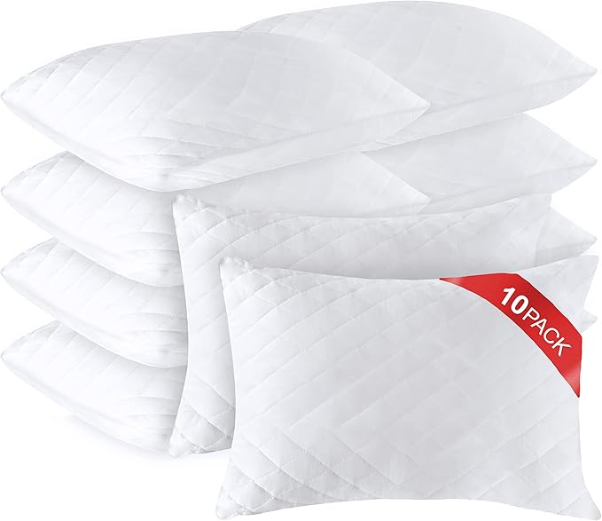 Diamond Elegant Bed Pillows in Bulk for Sleeping Queen Size 10 Pack Pillows, Hotel Pillows for Side Back & Stomach Sleepers, 100% Cotton Cover, Microfiber Washable - Set of 10