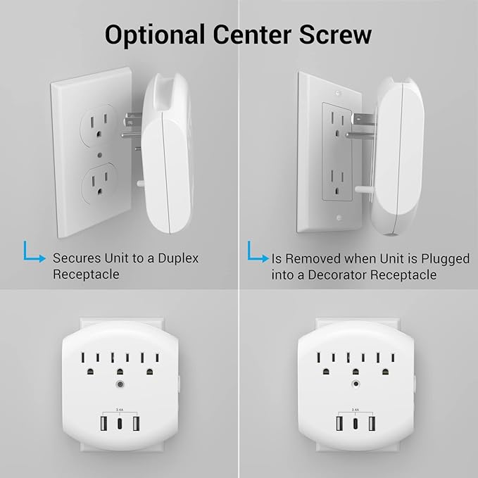 Clear Power 2-Pack USB Wall Charger, 3-Outlet Extender Wall-Tap with 3 USB Charging Ports(1 USB-C) & Nightlight, 3-Prong, White, ETL Listed, DC3S-10032P-DC