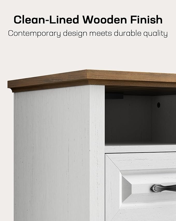 Marsail Farmhouse Nightstand with Charging Station, Bedside Table with 2 Drawers Storage and Open Shelf, Bedside Cabinet for Bedroom, Rustic Side Table, Two-Tone Finish