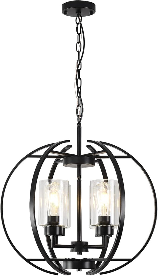 Black Chandelier Lighting with Clear Glass for Dining Room, Farmhouse Hanging Lighting, 4 Lights Globe Ceiling Light Fixture