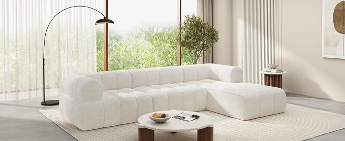 Christopher Knight Home Mania 122" Modular L-Shape Sofa Couch with Chaise Lounge, Modern Sectional Sofa Set for Living Room, Boucle Fabric Upholstered Cloud Couch with Deep Seat, Milky White