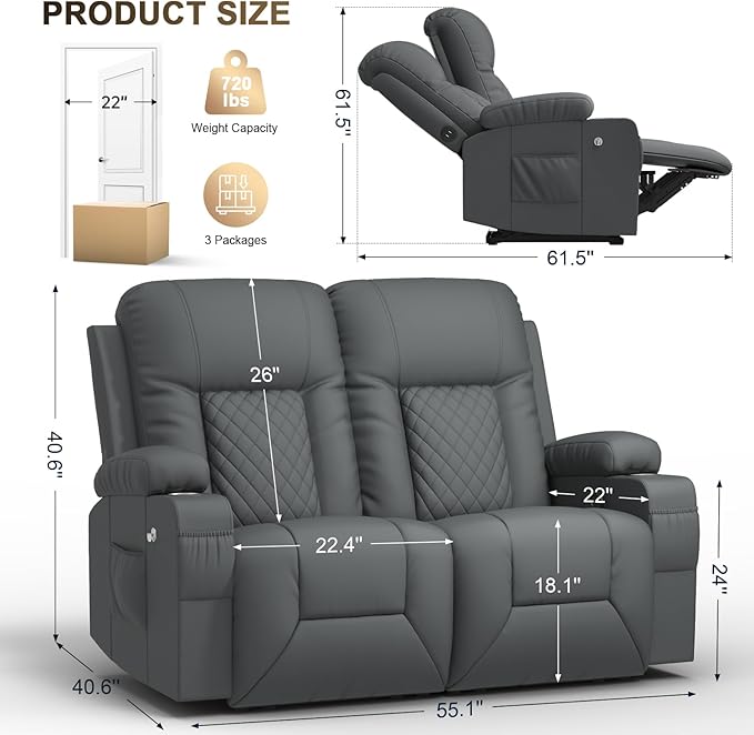 YONISEE Loveseat Recliner, Loveseat Recliner Sofa with Storage, Recliner Chair with USB Ports, 2 Cell Phone Holders, Cup Holder, Loveseat Couch for Living Room Home Theater Seating