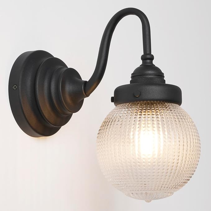 Curved Arm Wall Sconce Lighting with Clear Ribbed Glass Globe Shade, Vintage Brass Bathroom Wall Light Fixtures for Kitchen Living Room Bedroom Farmhouse