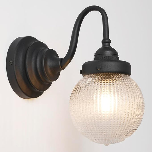 Curved Arm Wall Sconce Lighting with Clear Ribbed Glass Globe Shade, Vintage Brass Bathroom Wall Light Fixtures for Kitchen Living Room Bedroom Farmhouse